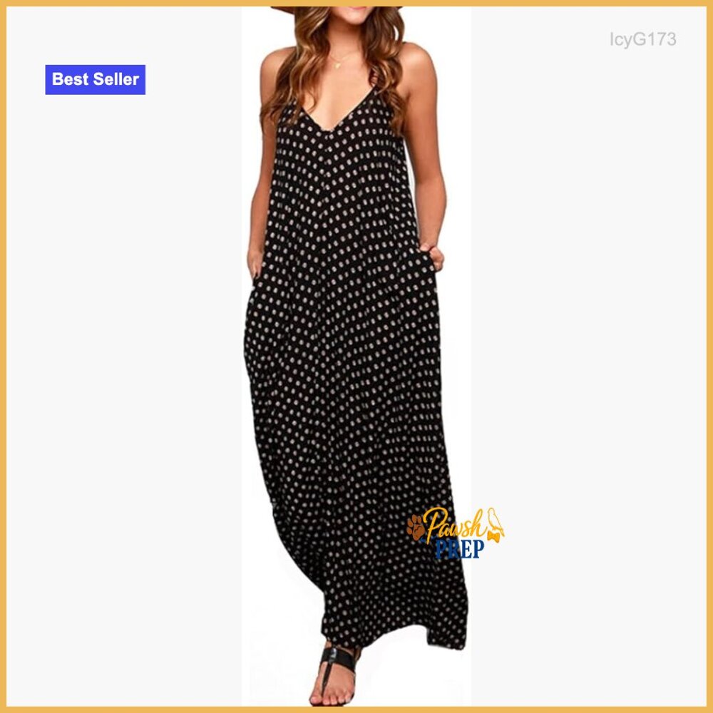 V-Neck Spaghetti Strap Maxi Dress Boho Style Rayon Blend Pockets